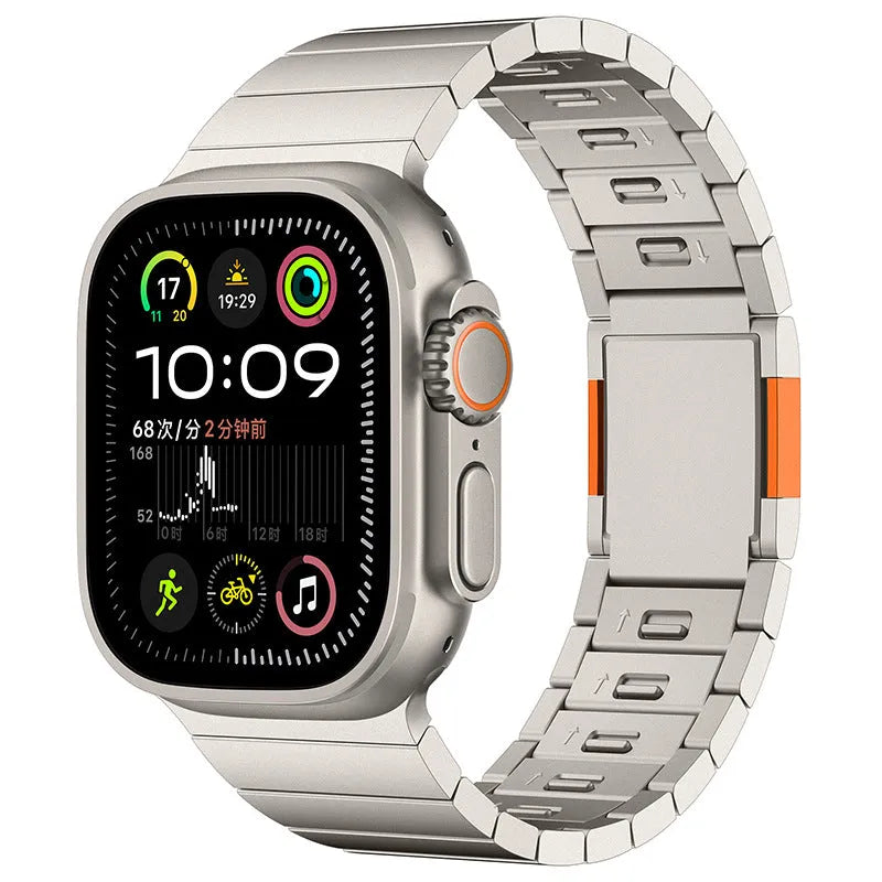 Stainless steel magnetic buckle Apple Watch strap showing silver colour option on wrist