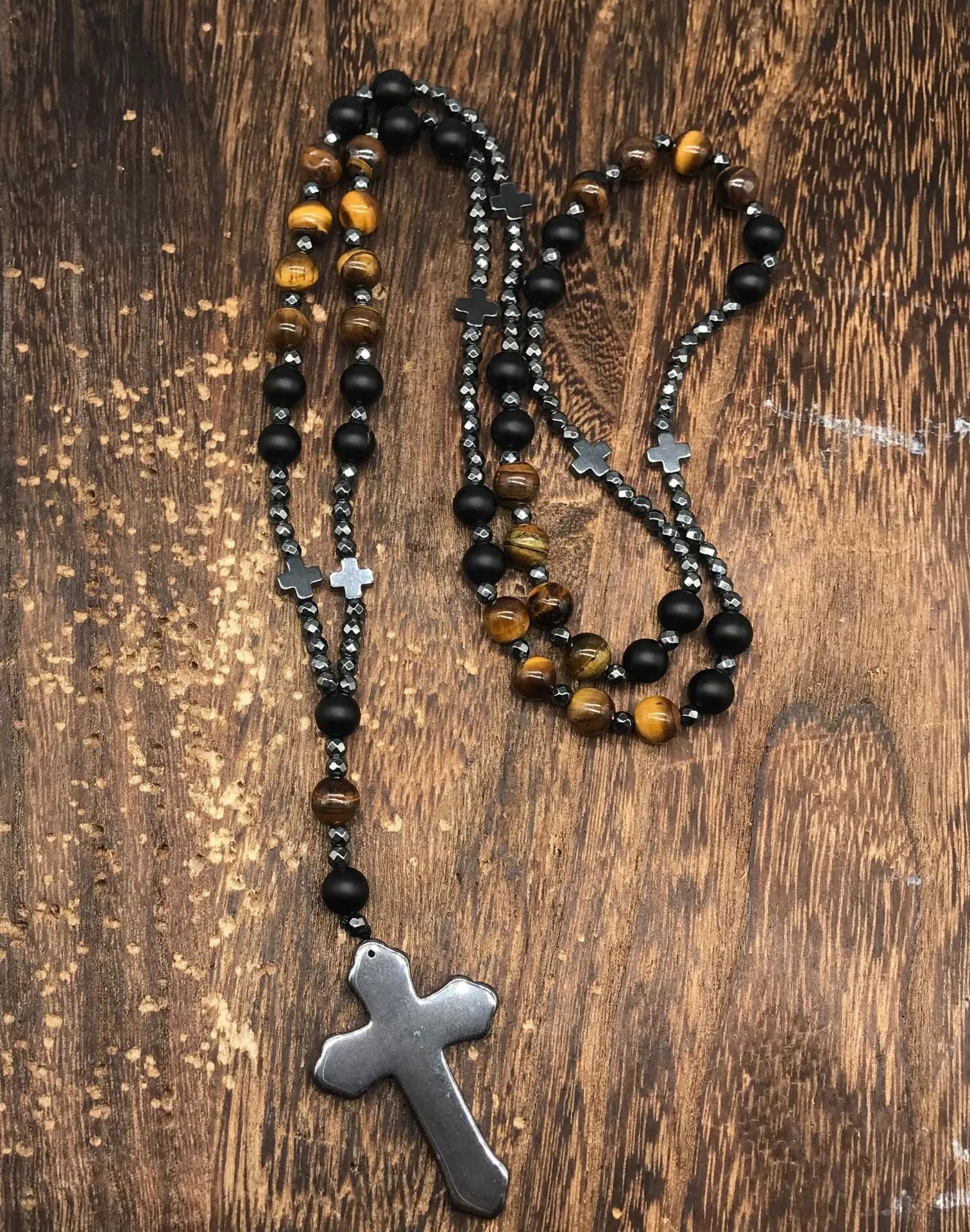 Men's stone cross necklace with hand-woven geometric pendant on ball bead chain with safety lock clasp