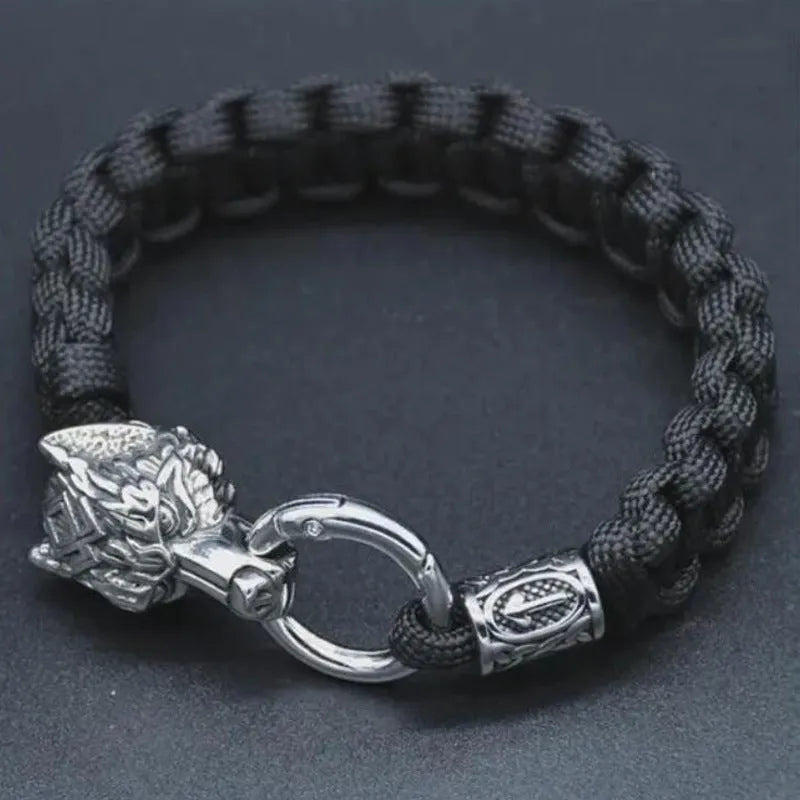 Stainless steel wolf head bracelet with Luen characters in camouflage colour