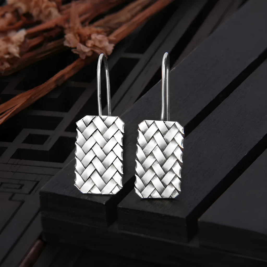 Silver geometric earrings with diamond plaid woven pattern, 17.5mm length