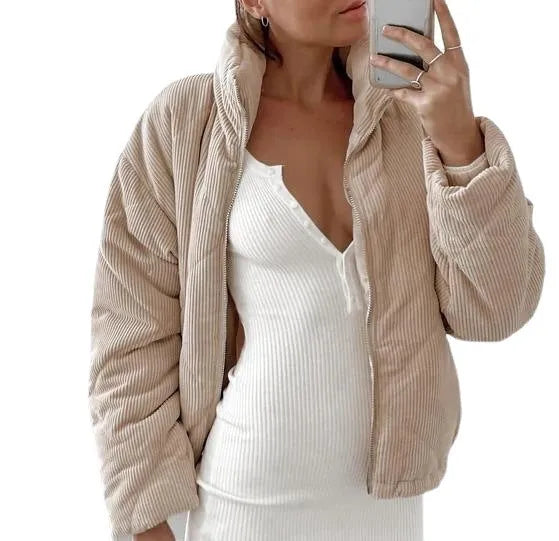 Apricot-coloured women's corduroy jacket with a stand collar and front zipper.