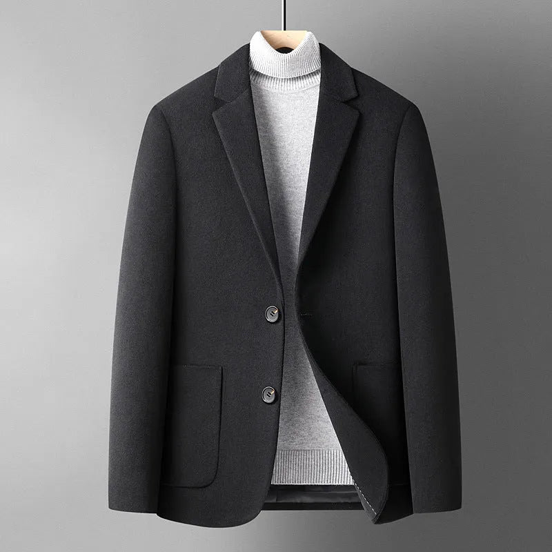 Men's solid colour slim fit wool suit jacket on a hanger in grey, black, or camel.