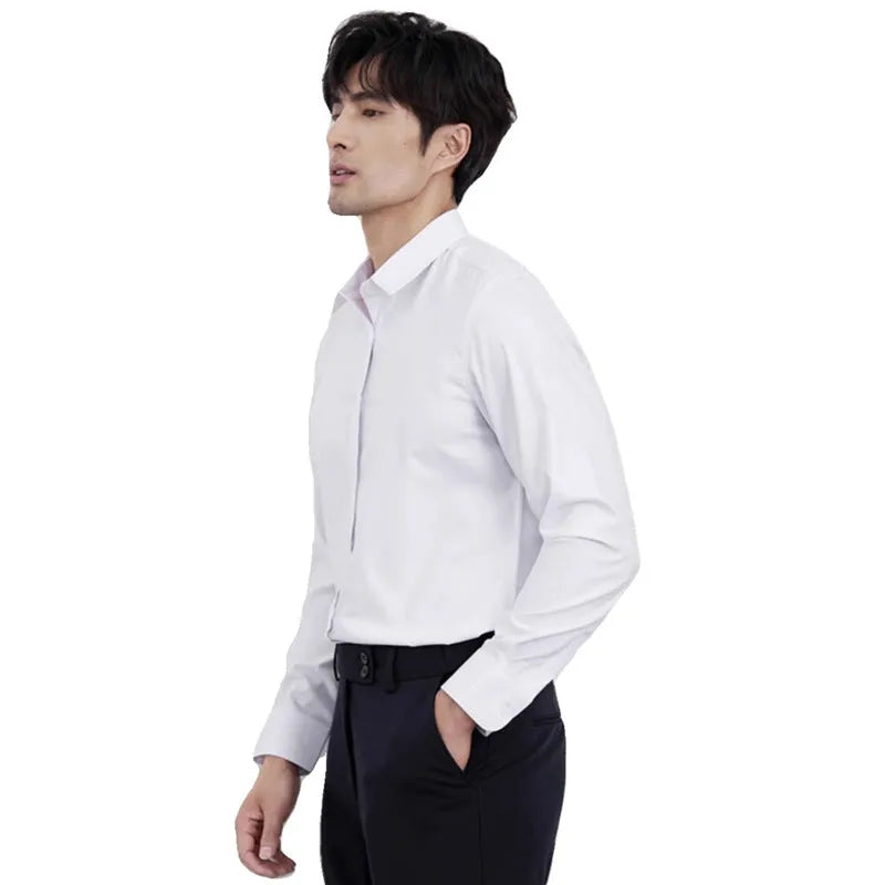 Men's wine red slim fit business shirt with long sleeves and non-ironing polyester blend fabric