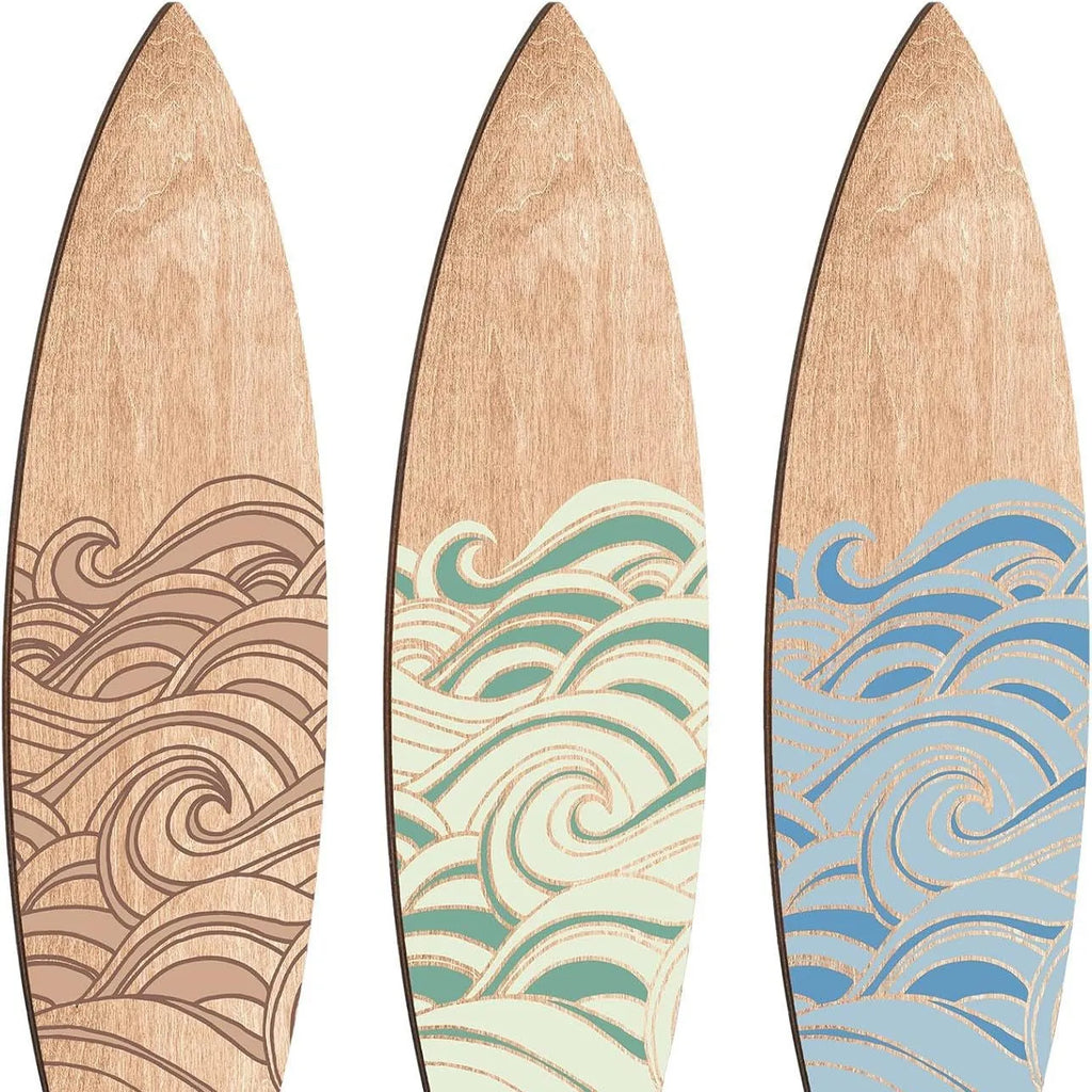 Three wooden surfboard wall decorations in European style design made from boxwood