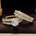 Two fully jewelled women's rings in a set, shown in gold, rose gold, and silver colour options.