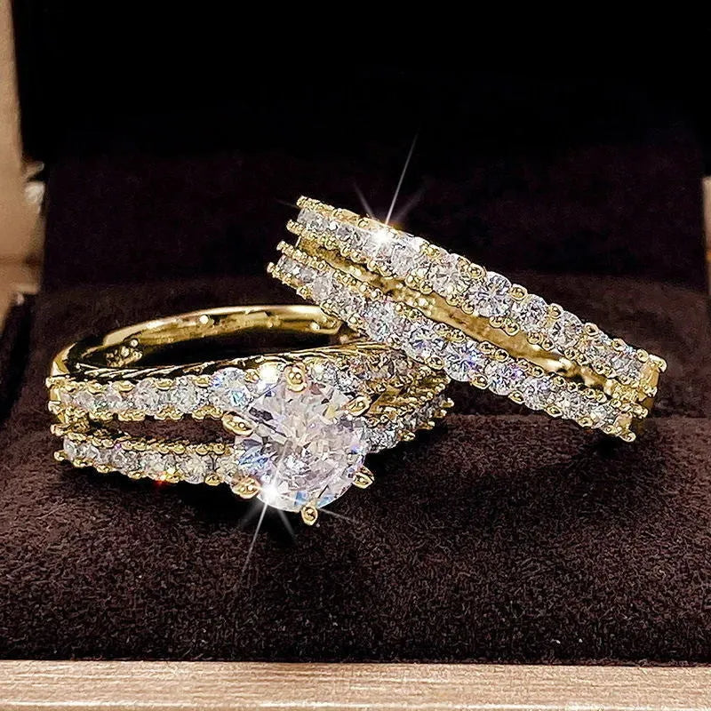Two fully jewelled women's rings in a set, shown in gold, rose gold, and silver colour options.