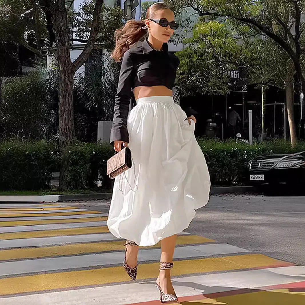 Women's solid colour cotton long skirt in black and white options with Asian sizing