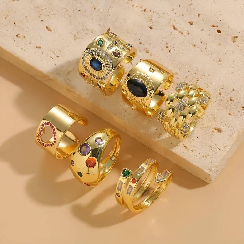 Chinese style geometric zircon ring with electroplated copper construction in antique horse eye black