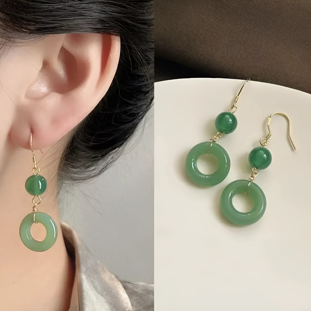 Green jade design peace buckle earrings with 14K gold plated zinc alloy finish