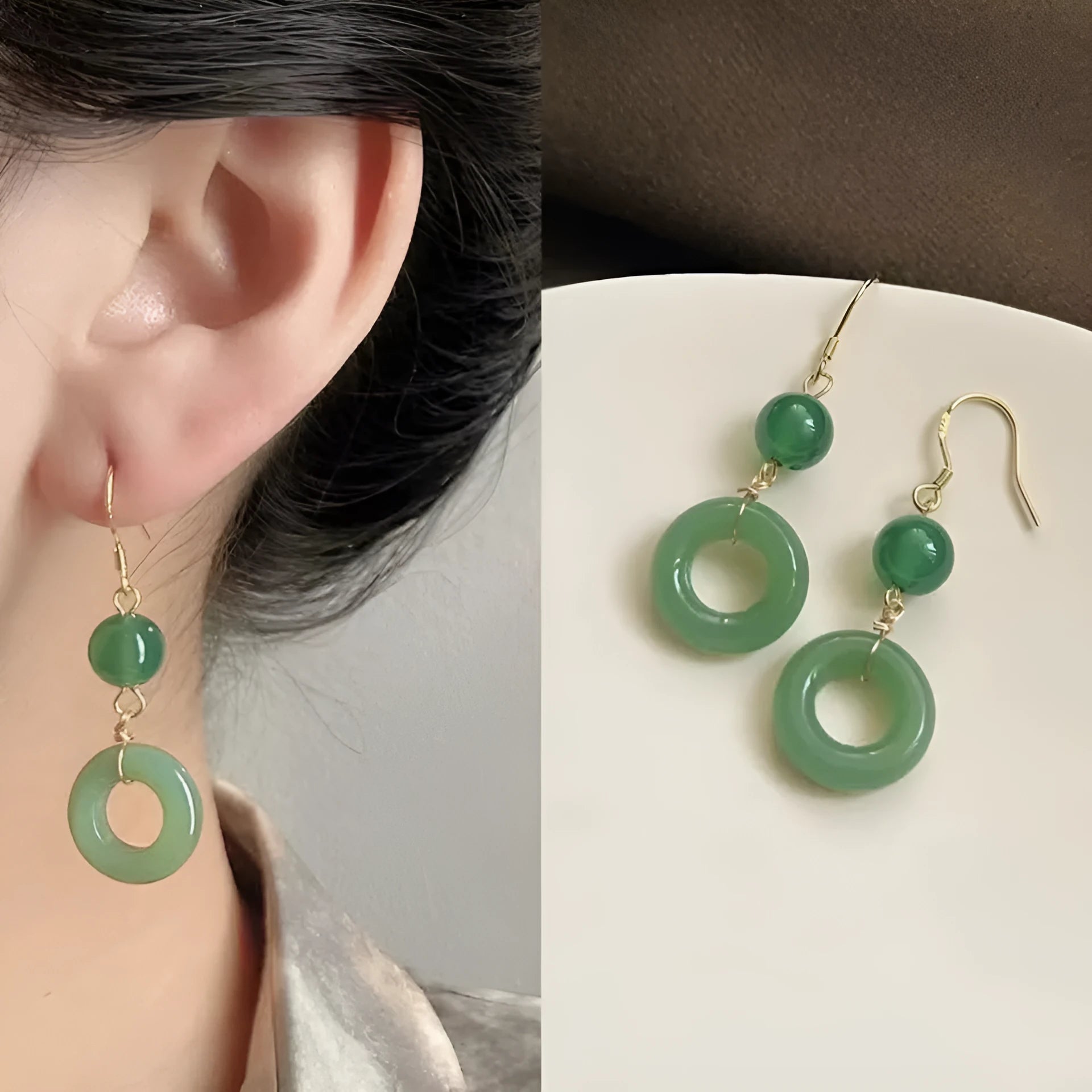 Green jade design peace buckle earrings with 14K gold plated zinc alloy finish