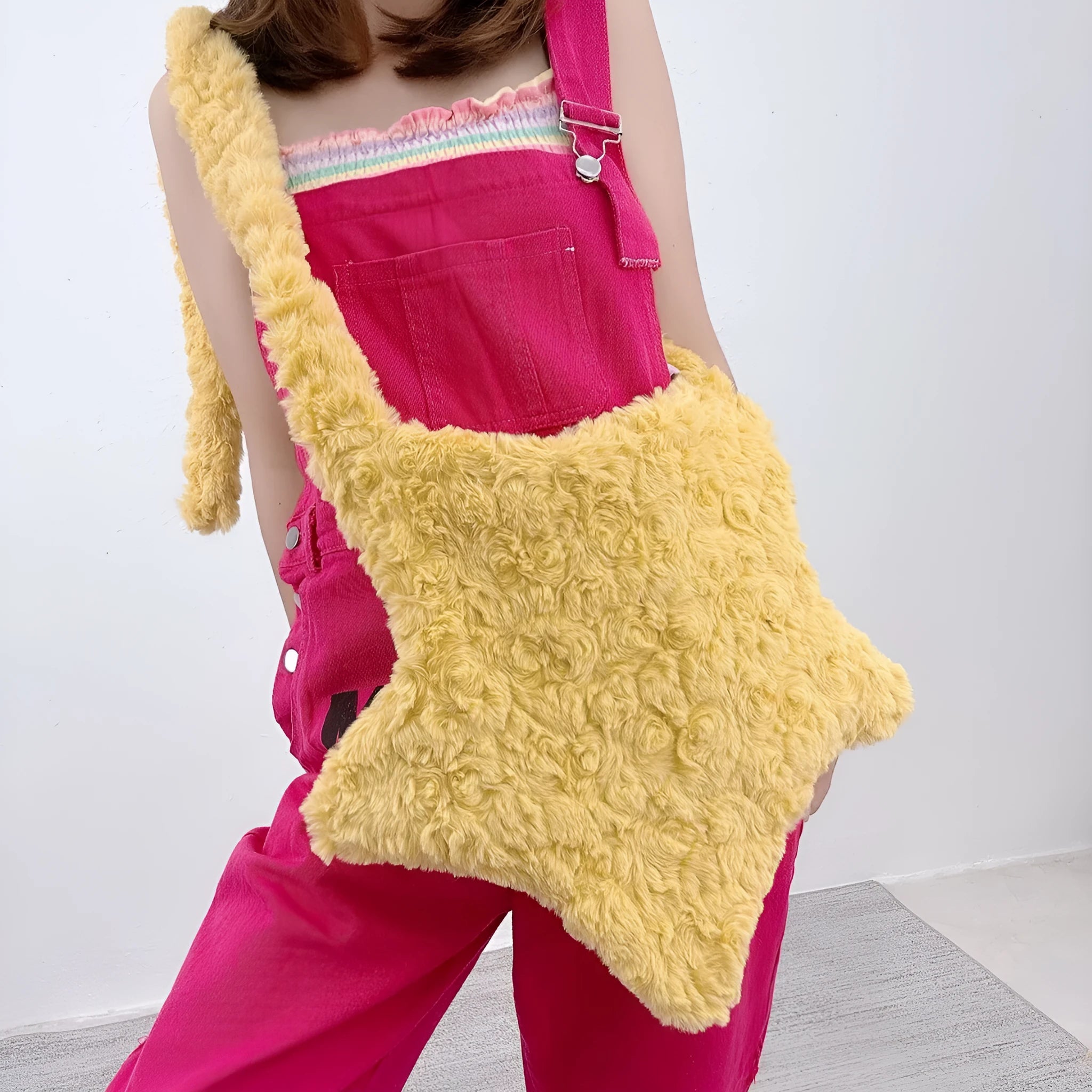 XINGX solid colour plush crossbody bag in pink with single shoulder strap and three-dimensional pocket