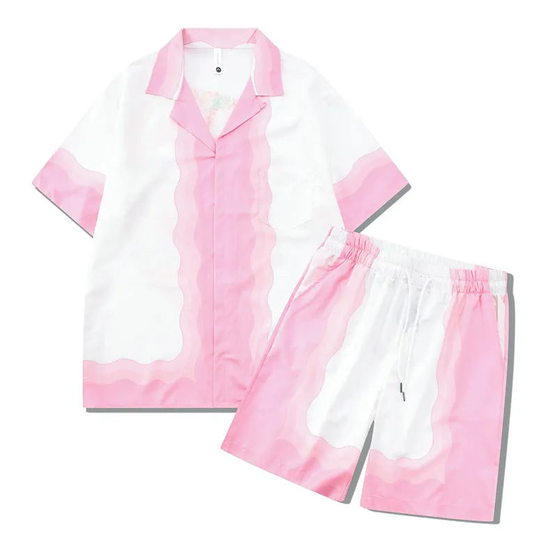 Men's and women's plaid beach shirt outfit with matching trousers in polyester fabric