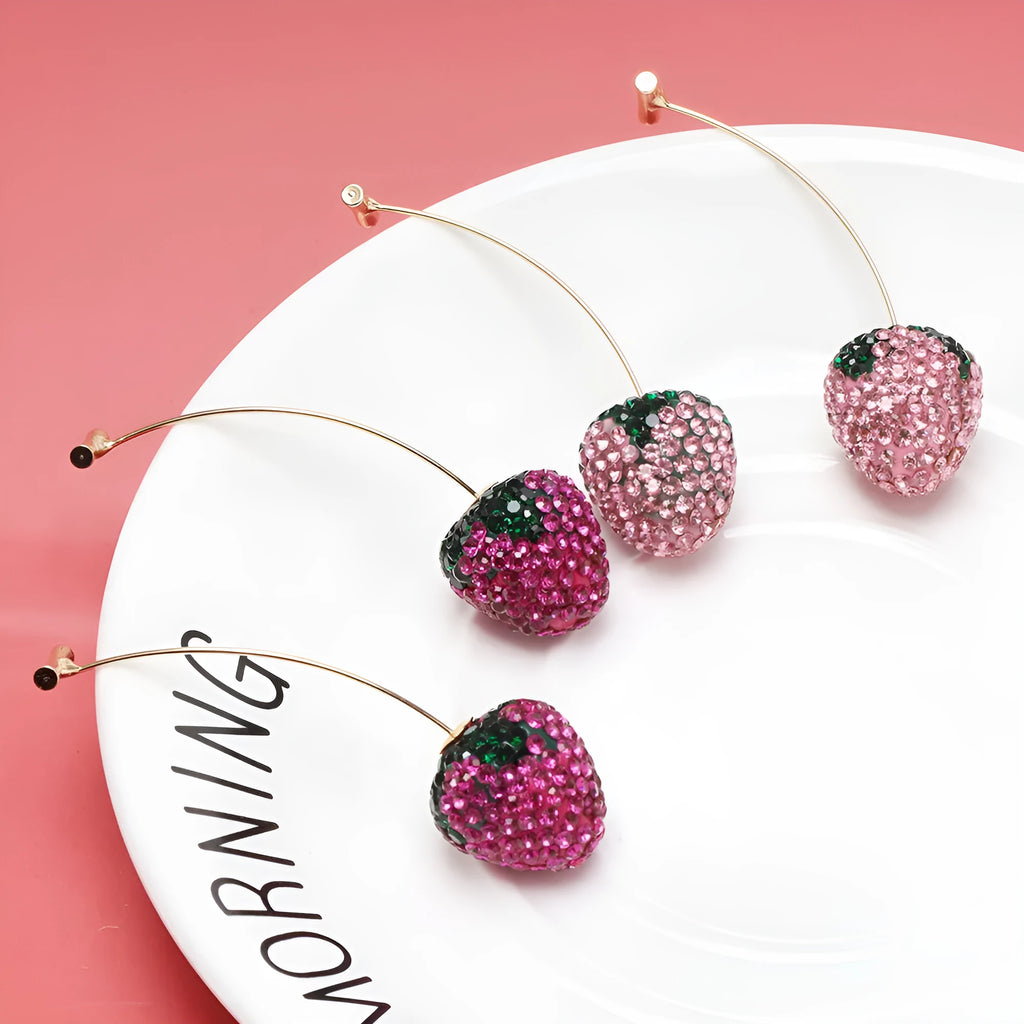 Zinc alloy strawberry-shaped drop earrings with spot drill detail in red, pink, purple, and champagne colours.