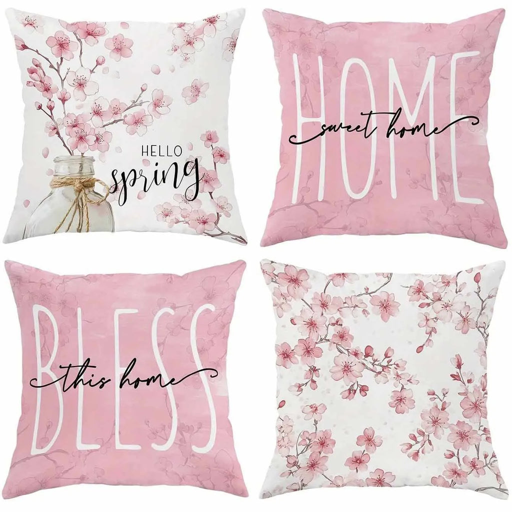 Square short velvet cushion cover with Spring Cherry Blossom Letter floral design, 45cm by 45cm.