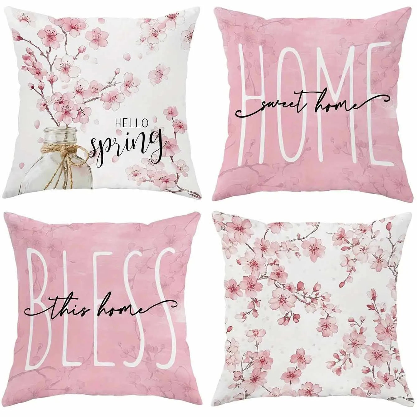 Square short velvet cushion cover with Spring Cherry Blossom Letter floral design, 45cm by 45cm.