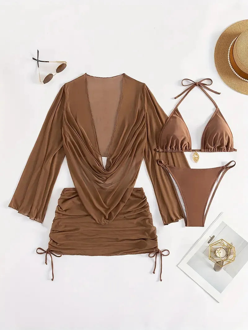 Dark brown women's lace-up backless bikini swimsuit set on a mannequin.