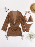 Dark brown women's lace-up backless bikini swimsuit set on a mannequin.