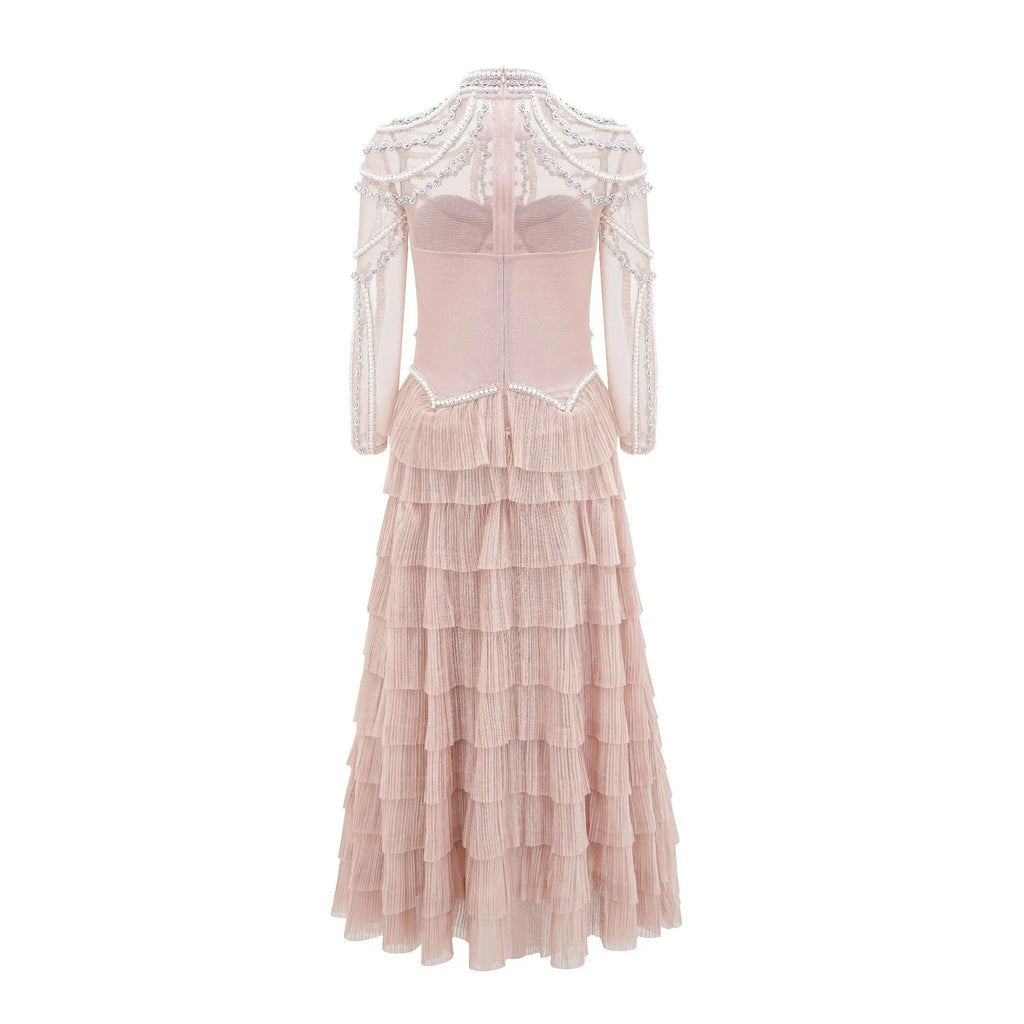 Women's long sleeve beaded evening dress in black or pink with three-dimensional decoration