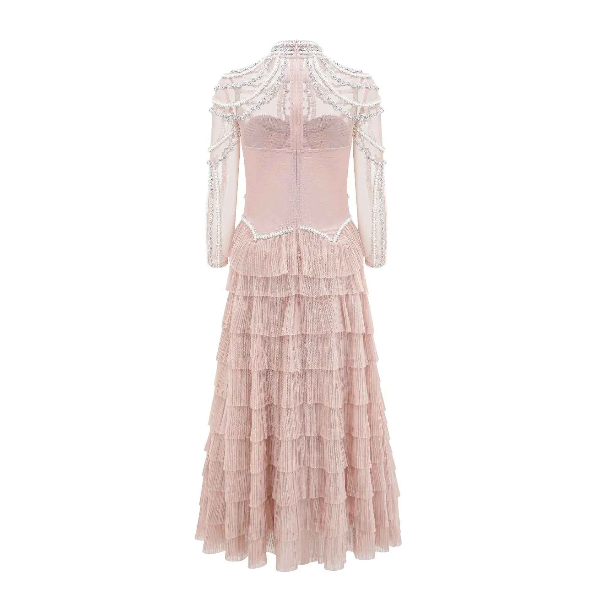Women's long sleeve beaded evening dress in black or pink with three-dimensional decoration
