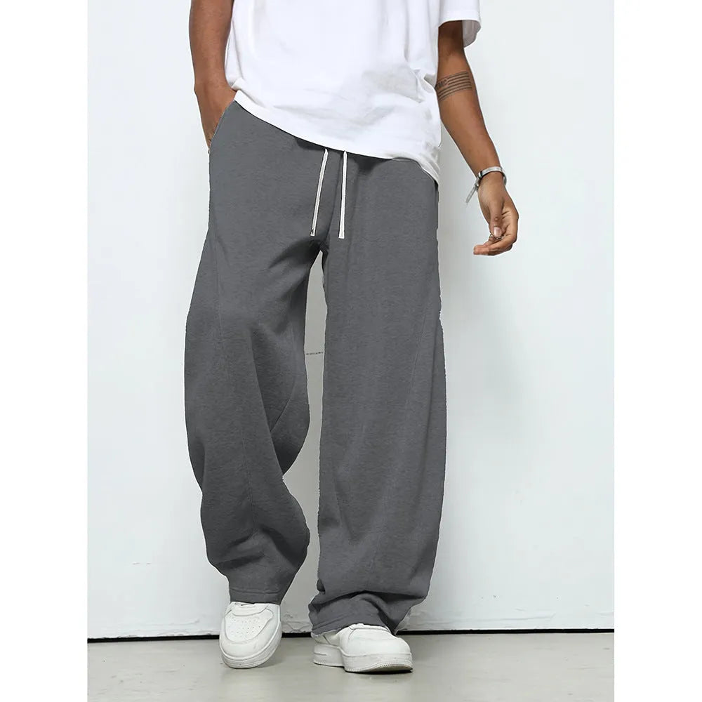 Men's straight-leg casual trousers in polyester with micro-elastic fabric and drawstring waist closure