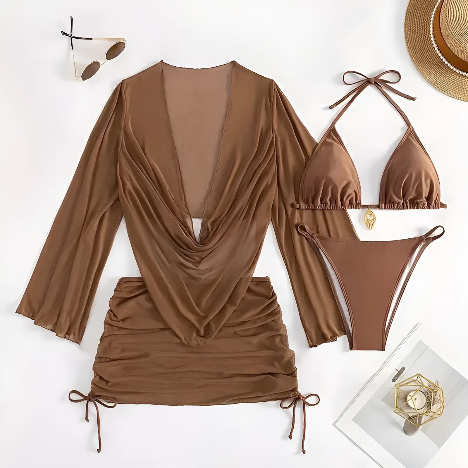 Dark brown women's lace-up backless bikini swimsuit set on a mannequin.