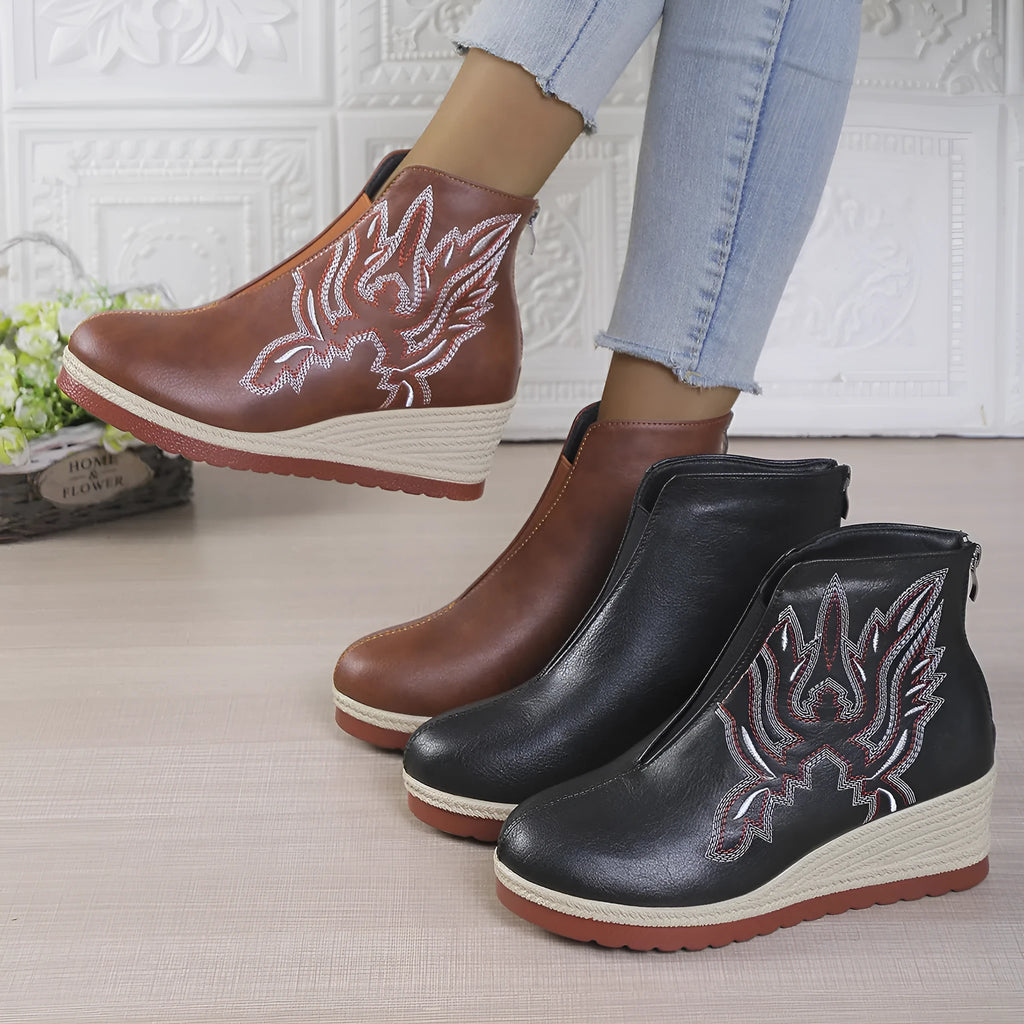 Embroidered thick version retro ankle boots for women in solid colour, artificial PU upper, rubber sole, available in black and brown.