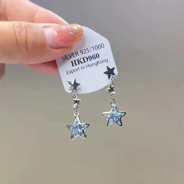 Women's geometric heart-shaped alloy ear clip earrings with rhinestone stars and tassels