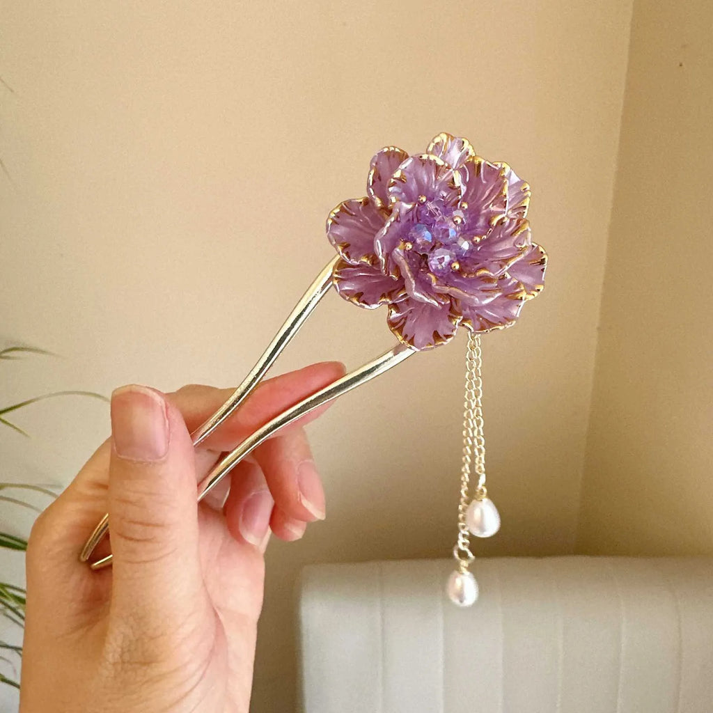 Purple and white alloy U-shaped hairpin with a retro peony flower tassel design.