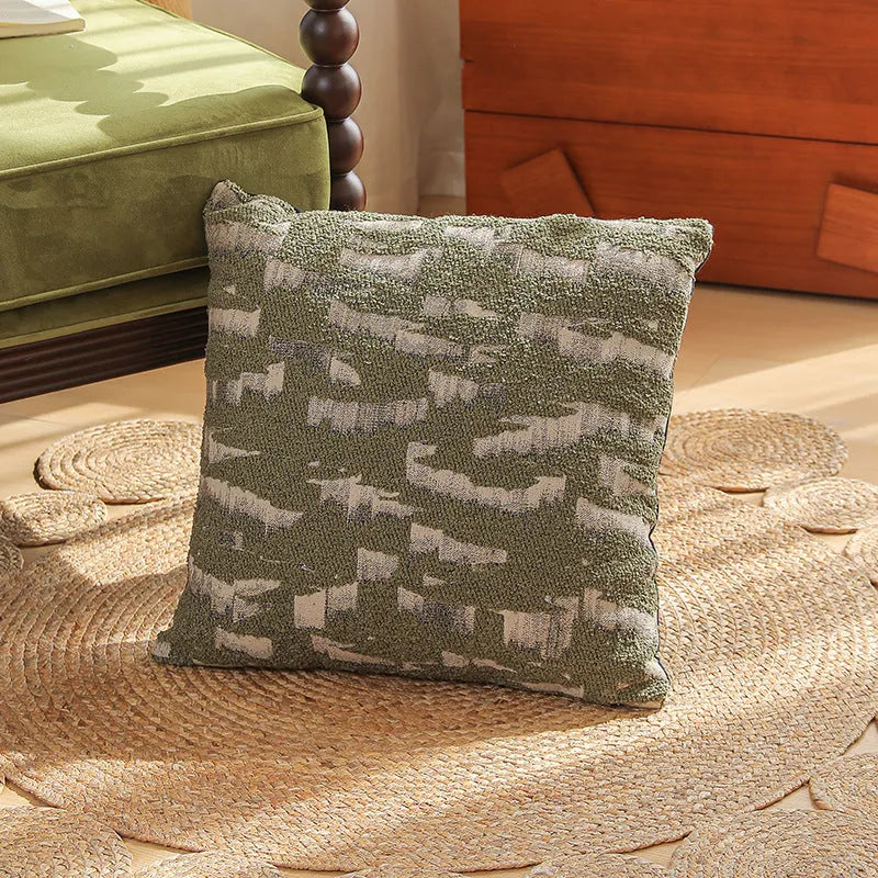 Yarn-dyed jacquard floral pattern cushion cover in 45x45cm size on a grey sofa.