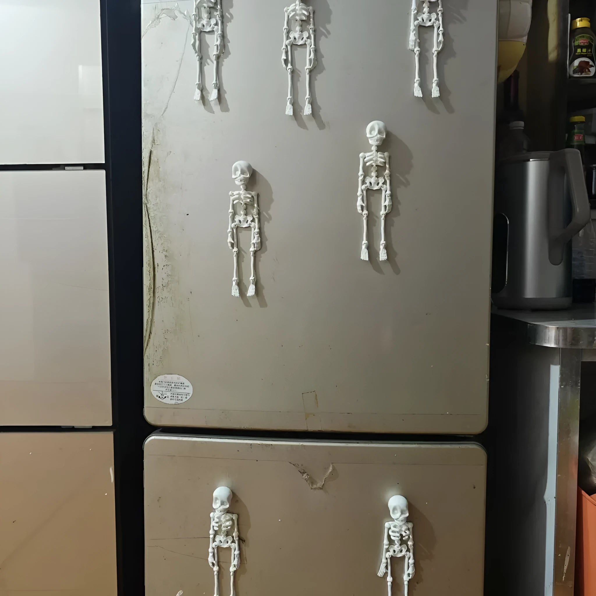 3D-printed white skull Halloween fridge magnet ornament on a refrigerator door.