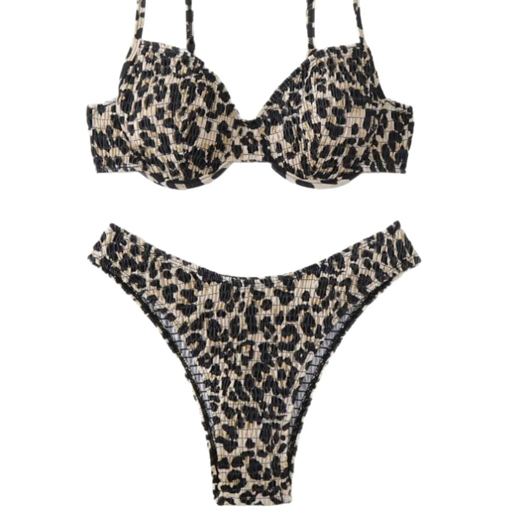 Women's leopard print backless bikini swimsuit in brown and red colour options