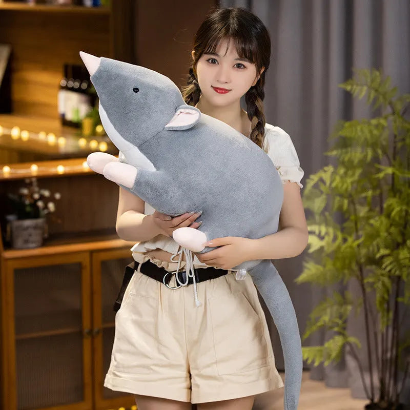 Grey cartoon mouse plush toy doll shown in three sizes: small 32cm, medium 50cm, and large 100cm.