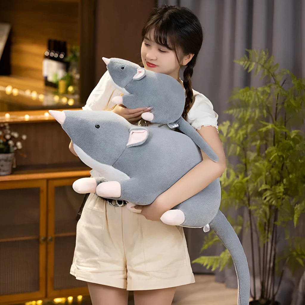 Grey cartoon mouse plush toy doll shown in three sizes: small 32cm, medium 50cm, and large 100cm.