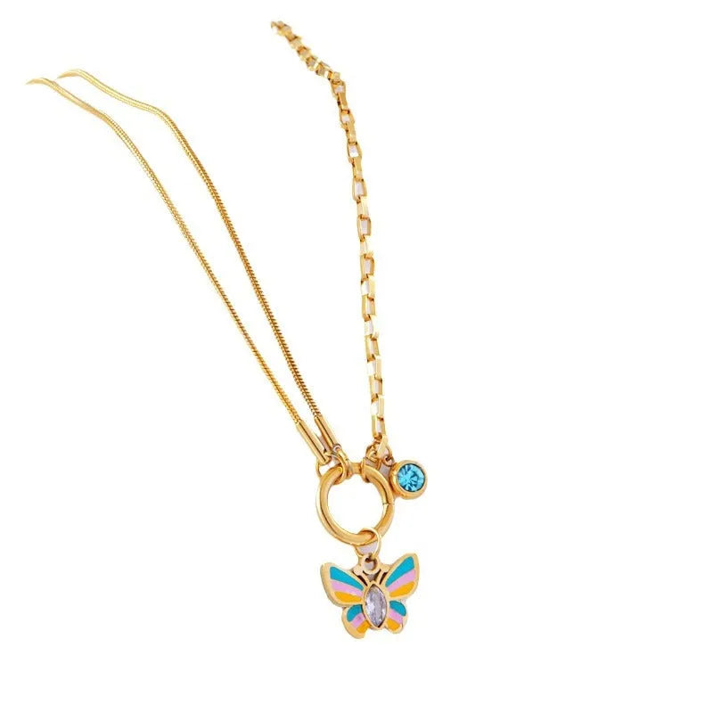 Gold epoxy butterfly necklace and bracelet set with titanium steel snake bone chain
