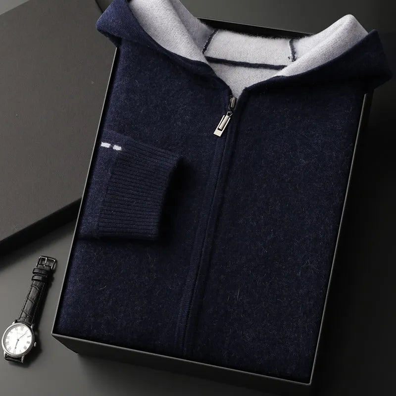 Man wearing a dark blue cashmere half-high collar zipper cardigan sweater