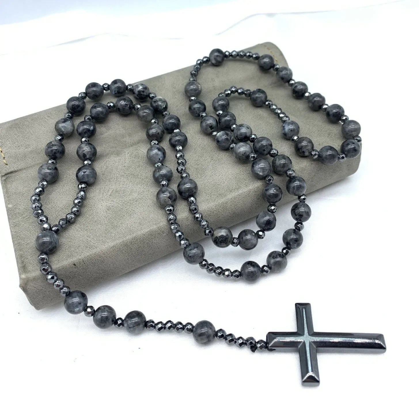 Men's stone cross necklace with hand-woven geometric pendant on ball bead chain with safety lock clasp