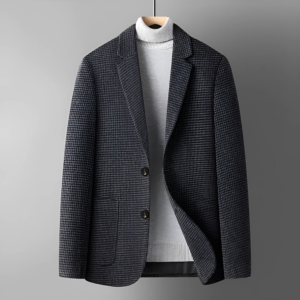 Men's solid colour slim fit wool suit jacket on a hanger in grey, black, or camel.