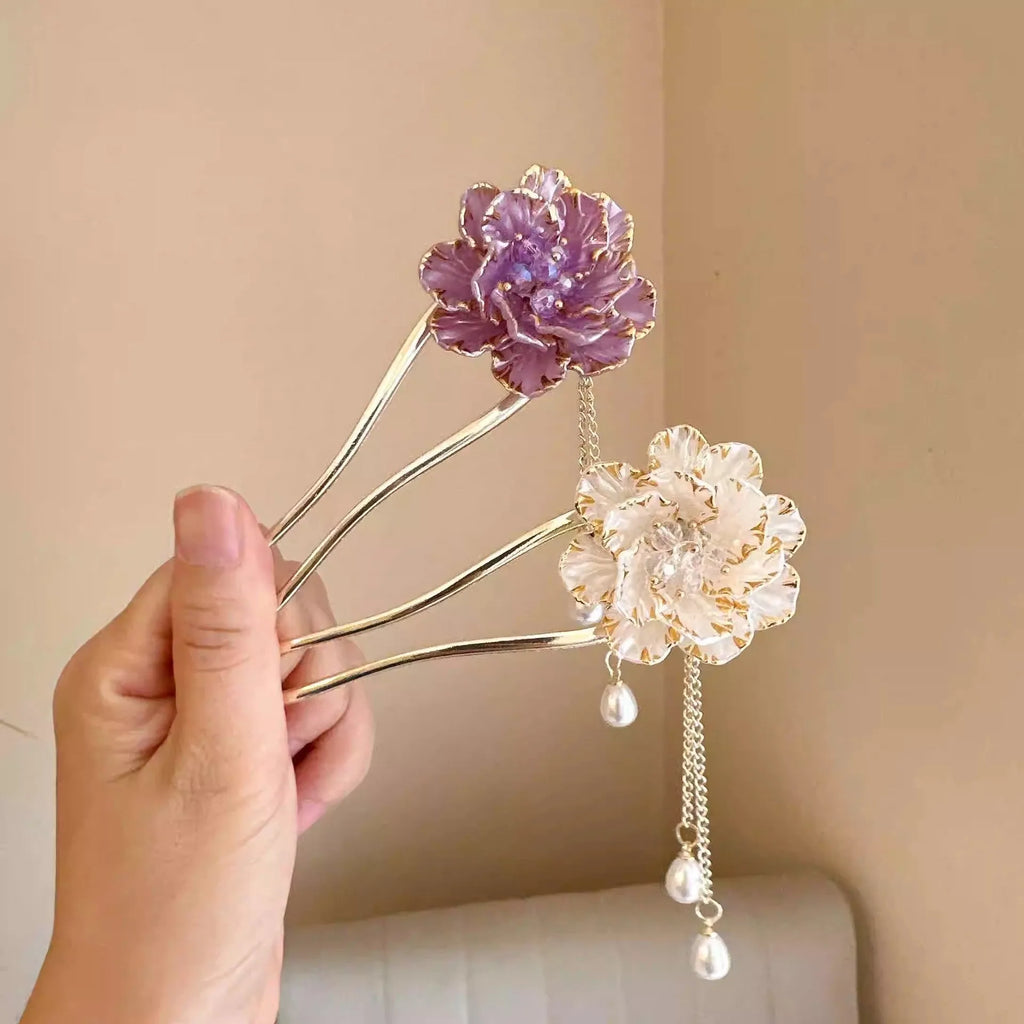 Purple and white alloy U-shaped hairpin with a retro peony flower tassel design.