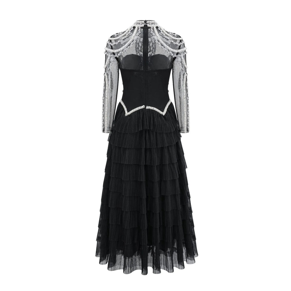 Women's long sleeve beaded evening dress in black or pink with three-dimensional decoration