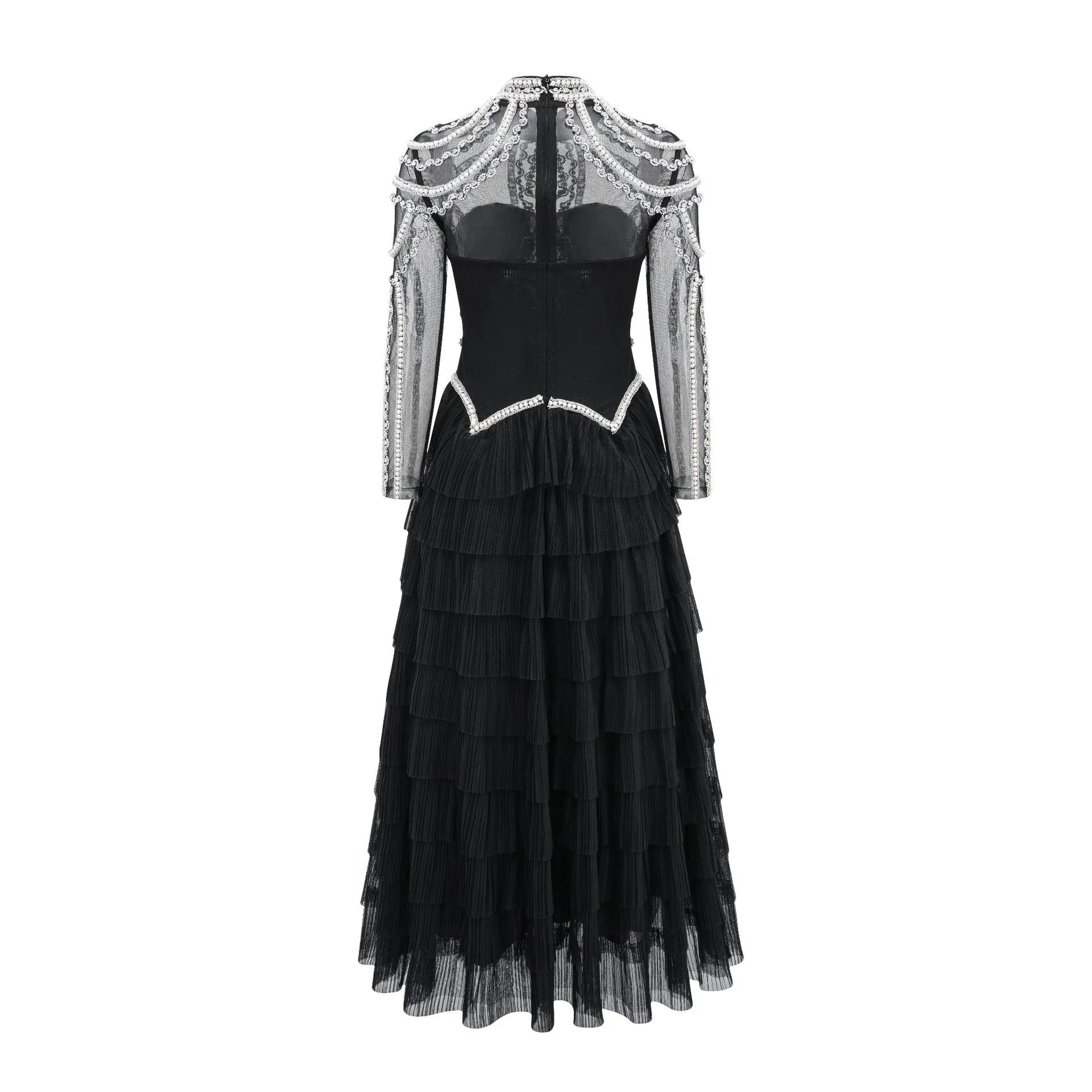 Women's long sleeve beaded evening dress in black or pink with three-dimensional decoration