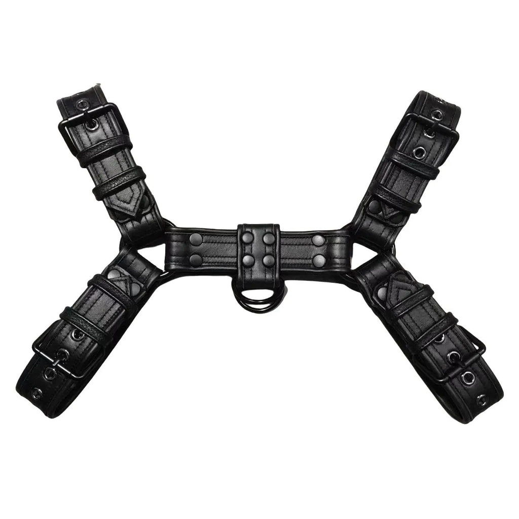 Black leather chest harness strap with metal buckle for men
