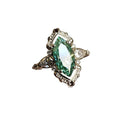 Alloy flower ring with green horse eye zircon centre electroplated silver finish available sizes No 6 to No 10