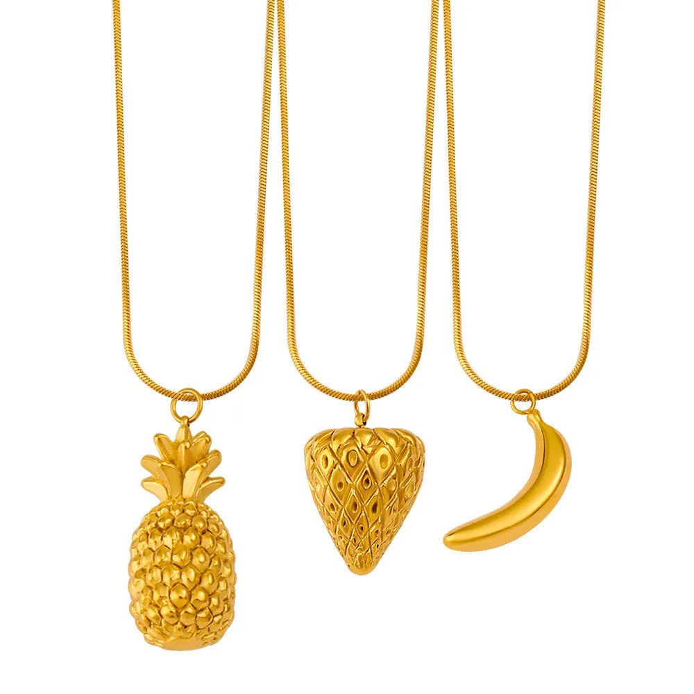 Stainless steel fruit necklace pendant showing apple grape watermelon pineapple strawberry banana options