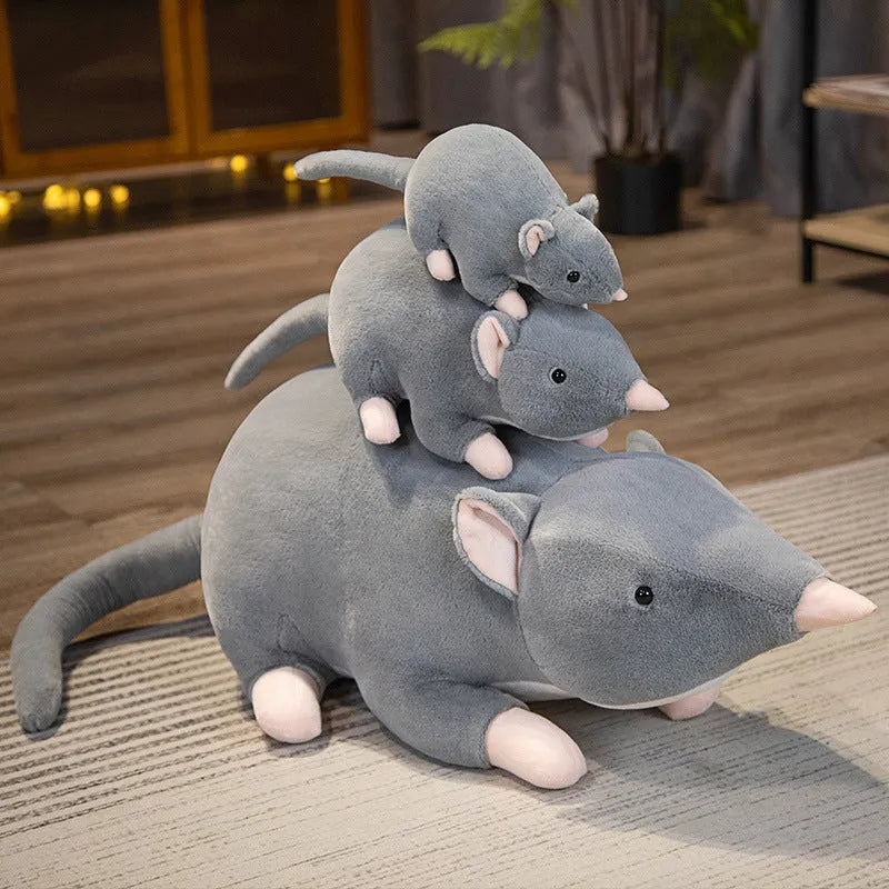 Grey cartoon mouse plush toy doll shown in three sizes: small 32cm, medium 50cm, and large 100cm.