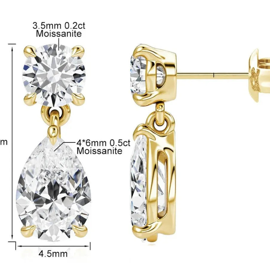 Sterling silver geometric stud earrings with round and water drop moissanite stones