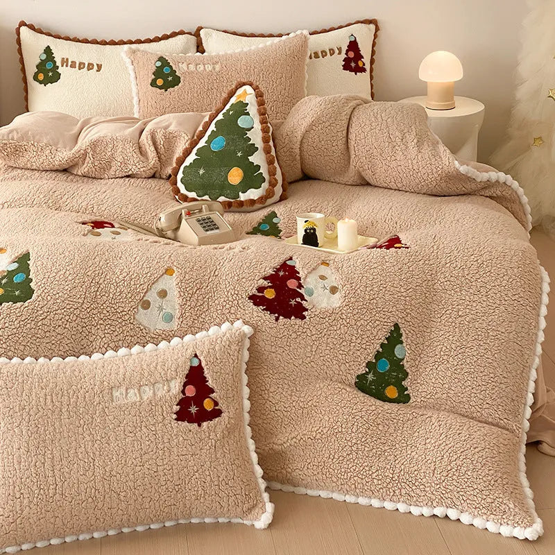 Bright yellow Christmas tree bedding set with embroidery design and fleece lining