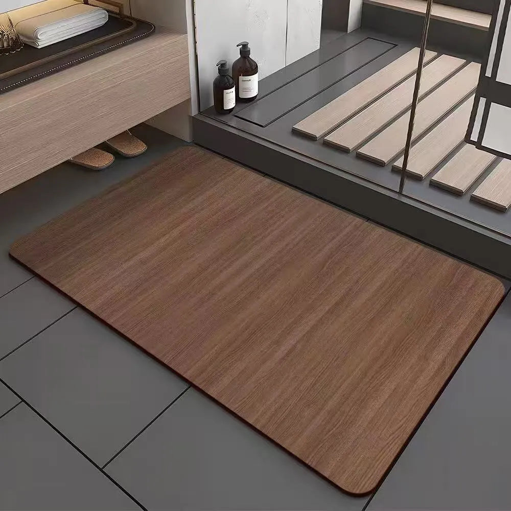 Square diatomite bath mat with a geometric wood grain pattern in a bathroom setting.