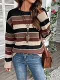 Women's striped colourblock pullover sweater in polyester, shown in a choice of colours.