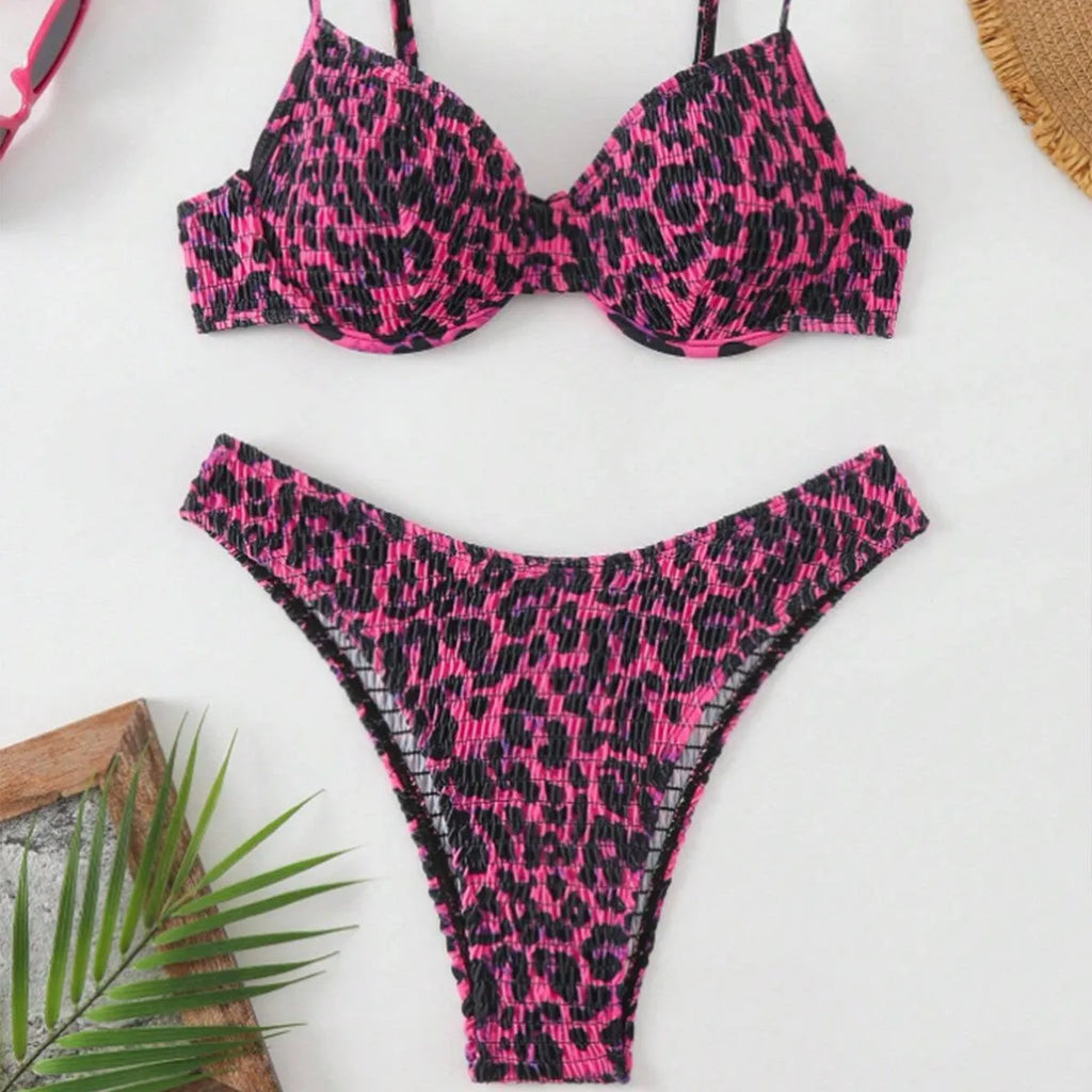 Women's leopard print backless bikini swimsuit in brown and red colour options