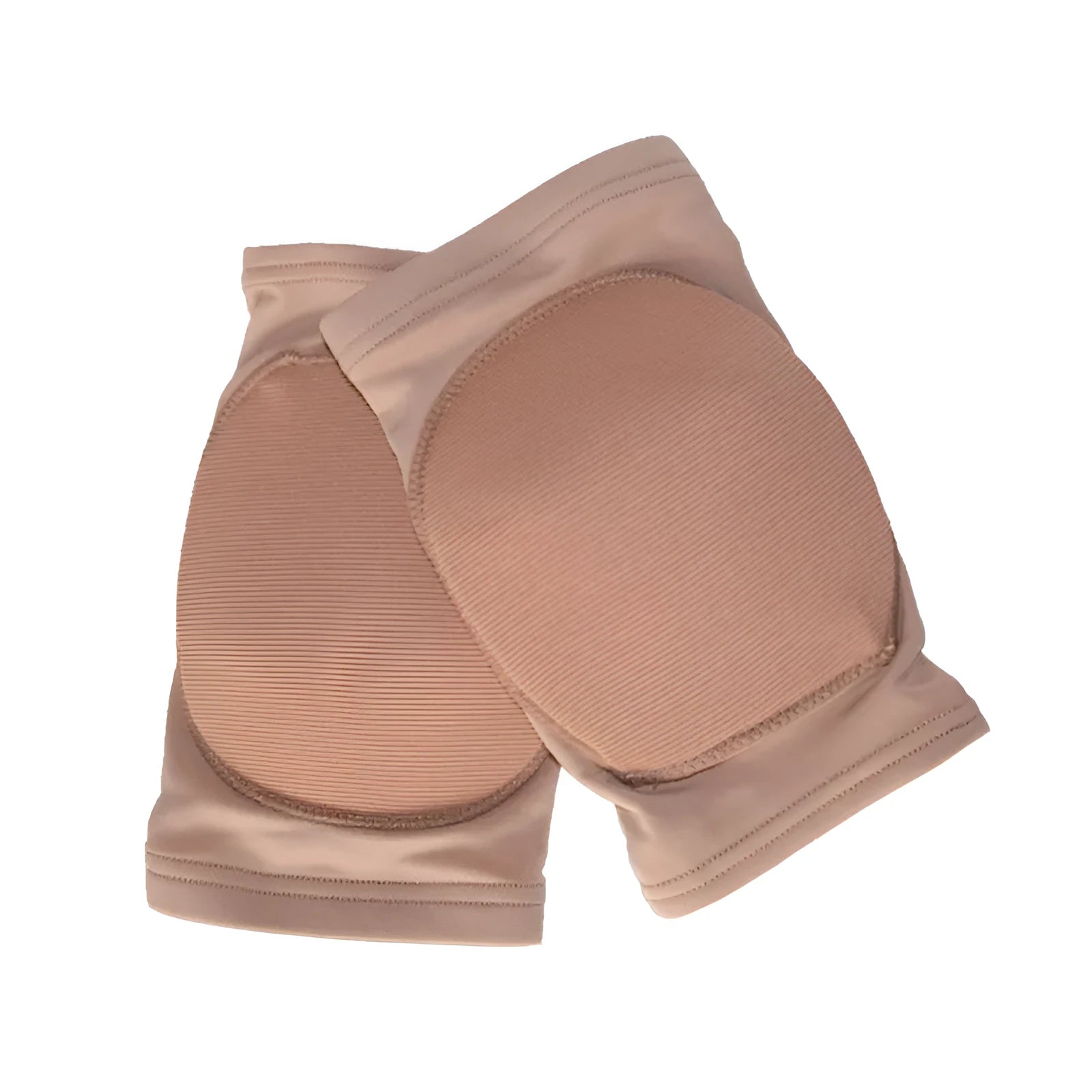 A pair of flexible black ballet knee pads for dance and yoga exercise, shown with a sizing chart.